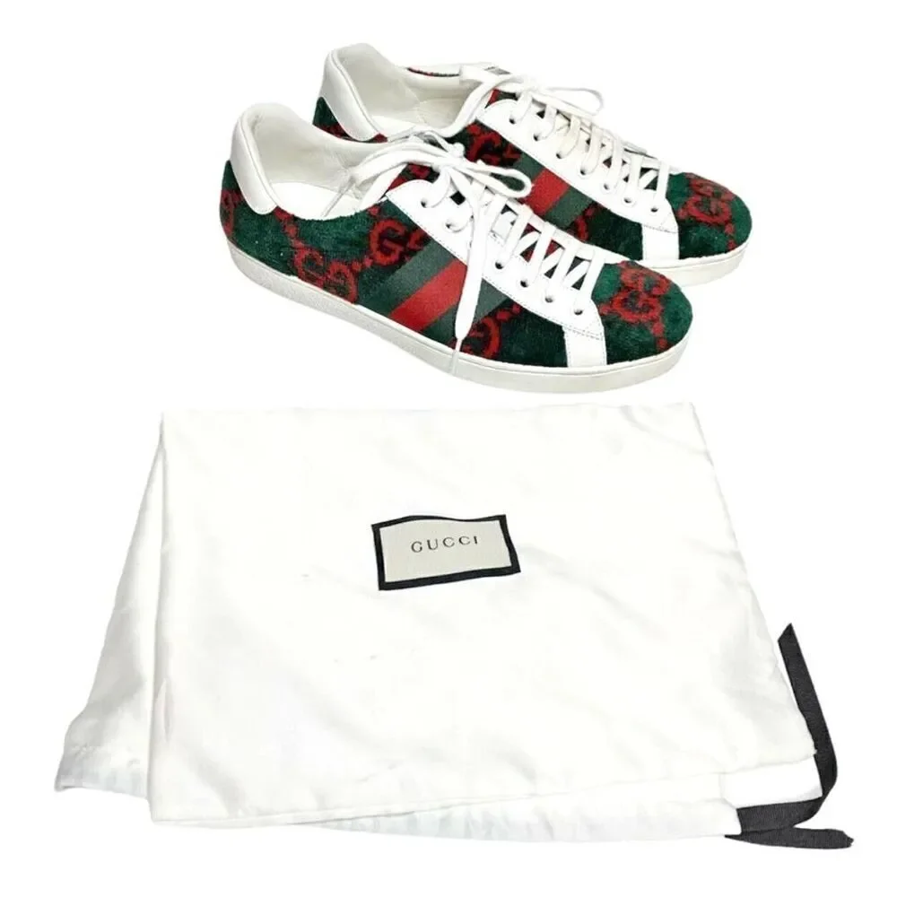 Gucci Ace GG Logo Terry Cloth Green Red Velvet Men’s Sneakers Size Gucci Size 8 - Picture 9 of 13